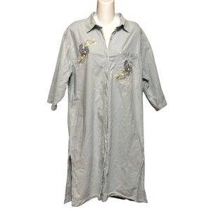 H & J Embroidered Size M Blue Button Up Shirt Dress Appliqués Studs Rhinestones